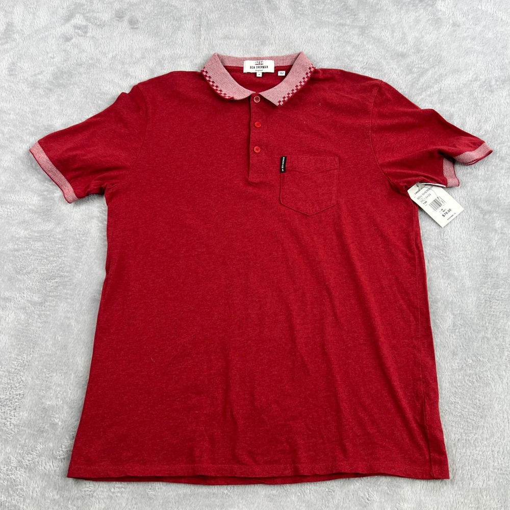Ben Sherman Micro Check Trim Polo M Red Men Modern Mod Casual Short Sleeve